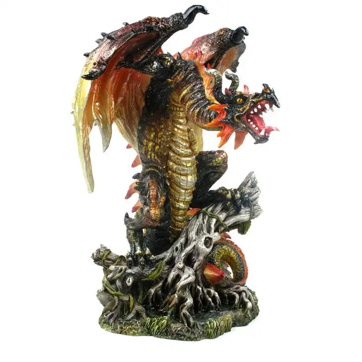 Dark Fire Demon Dragon Resin Figurine Fantasy Dead Wood Root Base Mythical Ferocious Winged Dragon Home Decorative Ornament Gift
