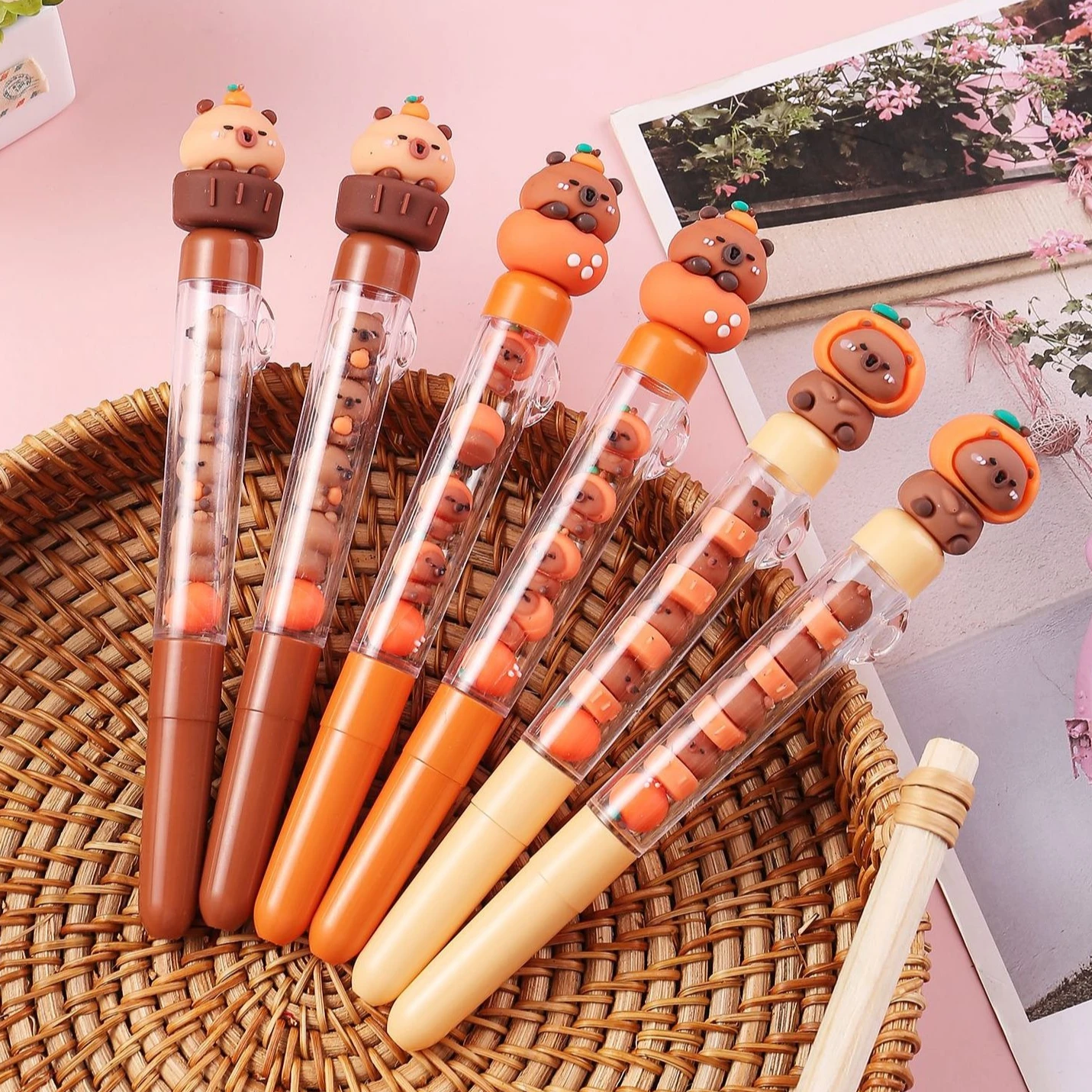 4Pcs/Lot Kawaii Capybara Stacking Game Gel Pens 0.5mm Black Ink Quick-Drying Neutral Pen Student Writing Tool for School Office