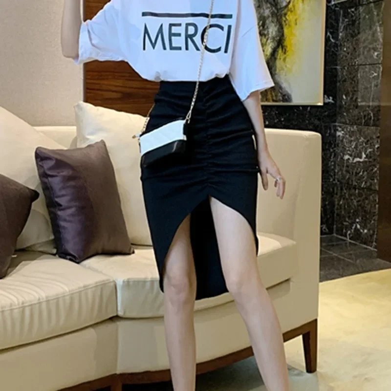 Women Midi Simple Solid All-match Design Drawstring Pleated Retro Midi Office Lady Elegant Split Skirts