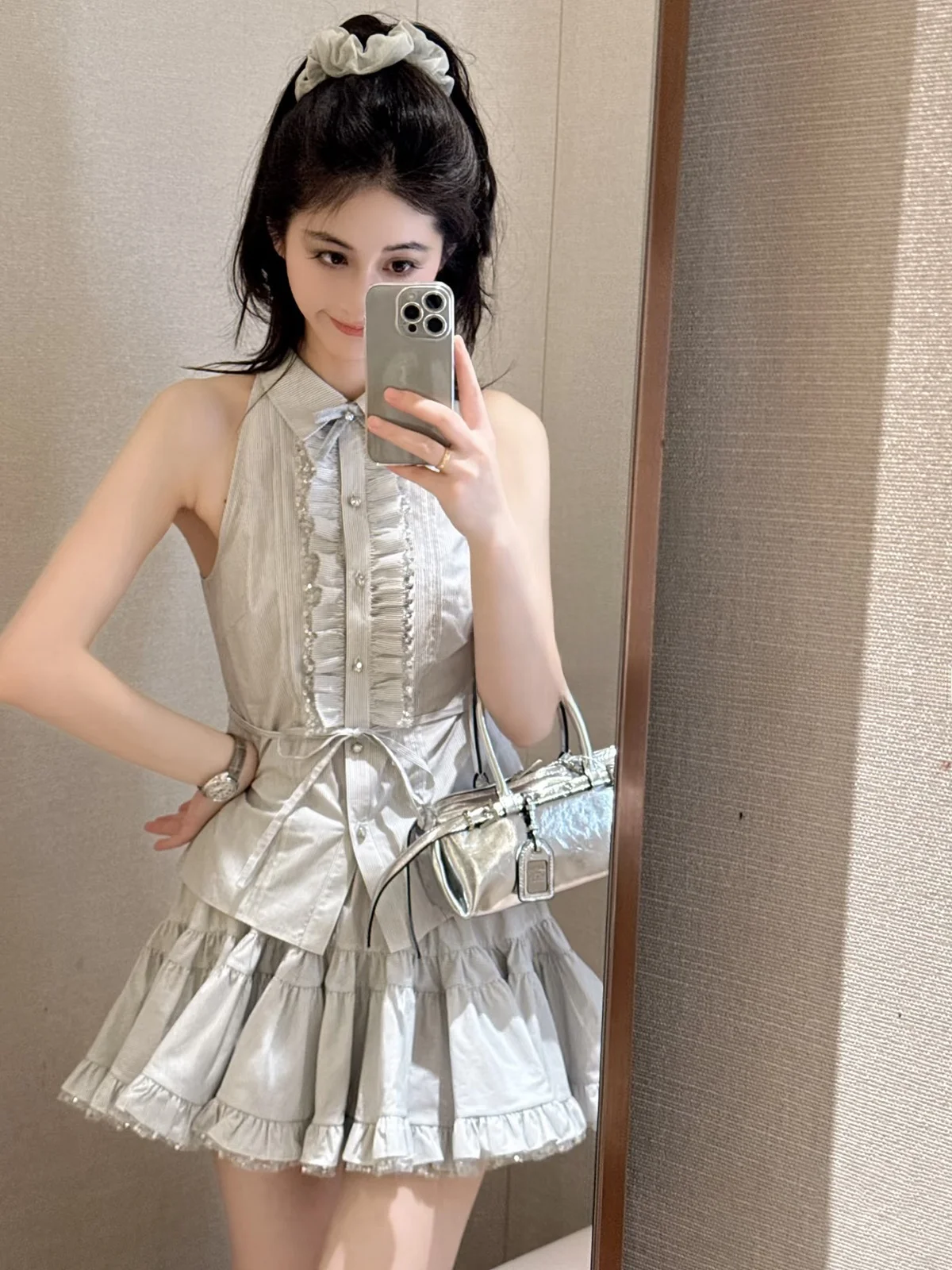 

JONI Summer Sleeveless Lace A-Line Skirt Set Wood Grain Rope Waist Top plus Half Skirt Fashionable Women's Ensemble