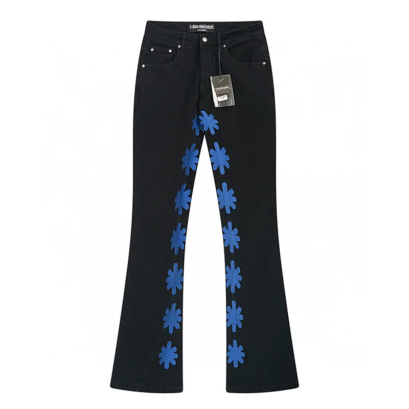 

LOSTSHDWS Jeans American Street Fashion Casual Pants Orange Embroidery Flower Button Lostshdws Denim Trousers Men