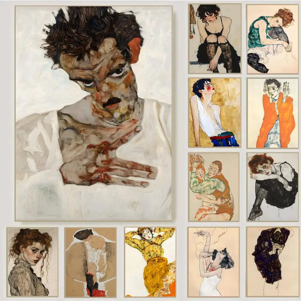 Vintage Egon Schiele Figure Sketch Poster Waterproof Sticky Wall Art Print For Bedroom Living Room Hallway Bar Home Decor