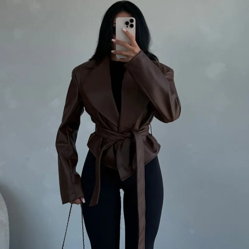 เสื้อแจ็คเก็ตหนังผู้หญิงสไตล์วินเทจ Talenza พร้อมเข็มขัด ดีไซน์ผูกเชือก ปกเสื้อแบบลาペル แขนยาว ทรงสั้น รุ่นปี 2025 เสื้อคลุมสำหรับผู้หญิง สไตล์ Y2k แฟชั่นแนวสตรีท