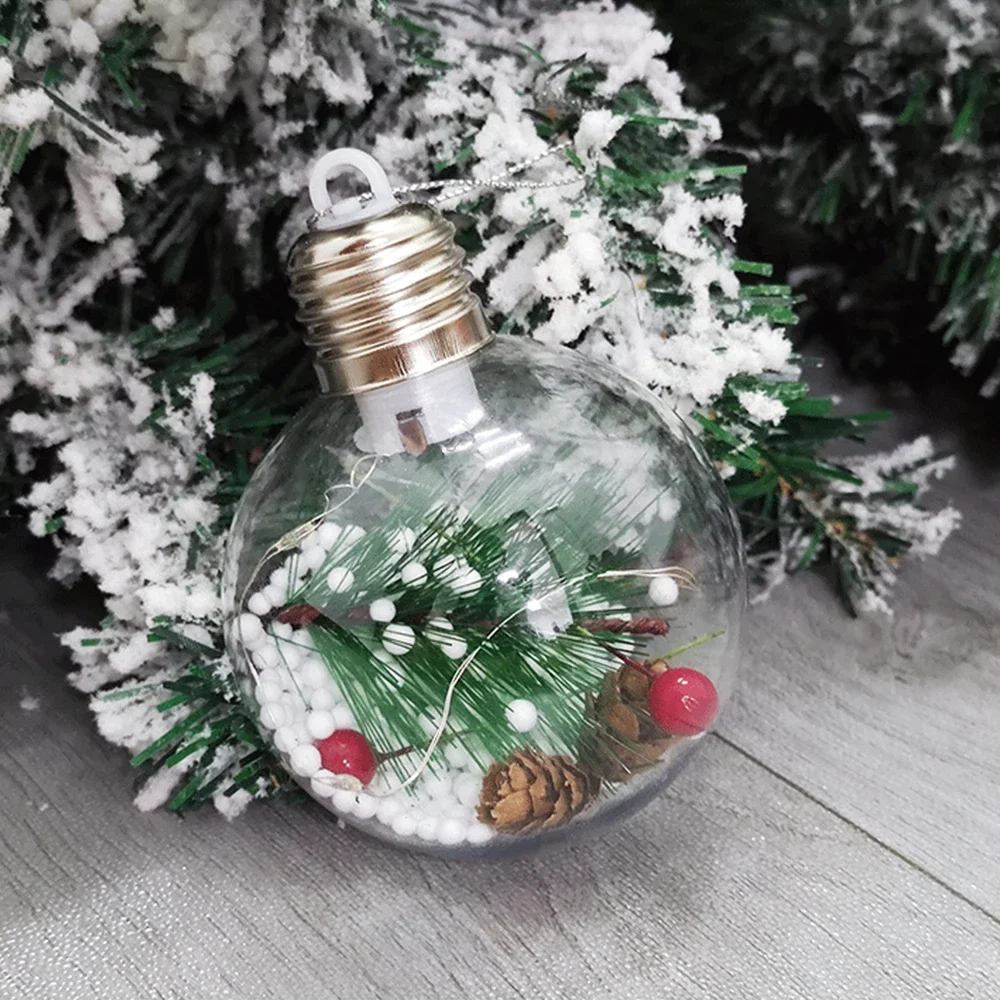 Christmas Round Ball Pendant com Luzes, Bauble Plástico Transparente, Xmas Tree Hanging Ornament, Decoração de Ano Novo, 11x8cm, 1Pc