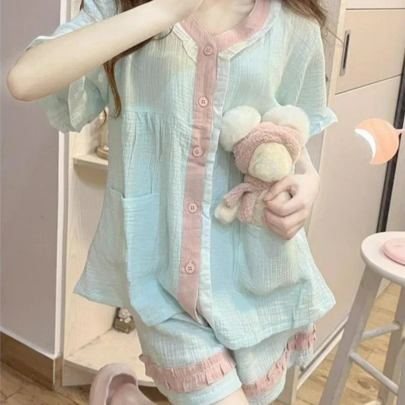 Ins Stil Pyjama Mädchen Sommer Weiche Neue Süße Einfache Tag Nette Rüschen Kurzarm Hause Kleid Set Cherryspoon Einfachheit Nachtwäsche