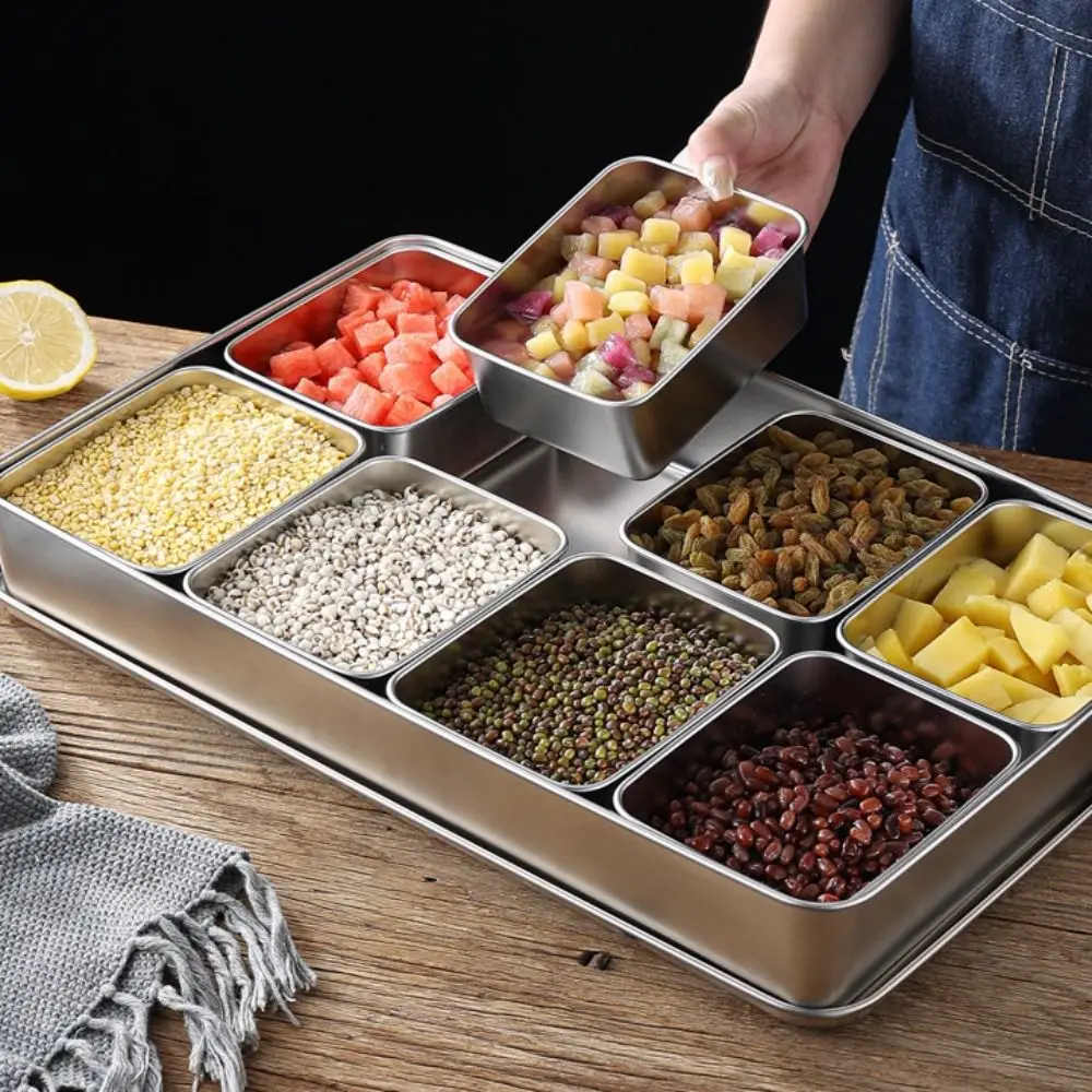

Stainless Steel Storage Seasoning Box PC Cover 6 & 8 Grid Condiment Organizer with Lid and Fork Divided Serving Tray Set