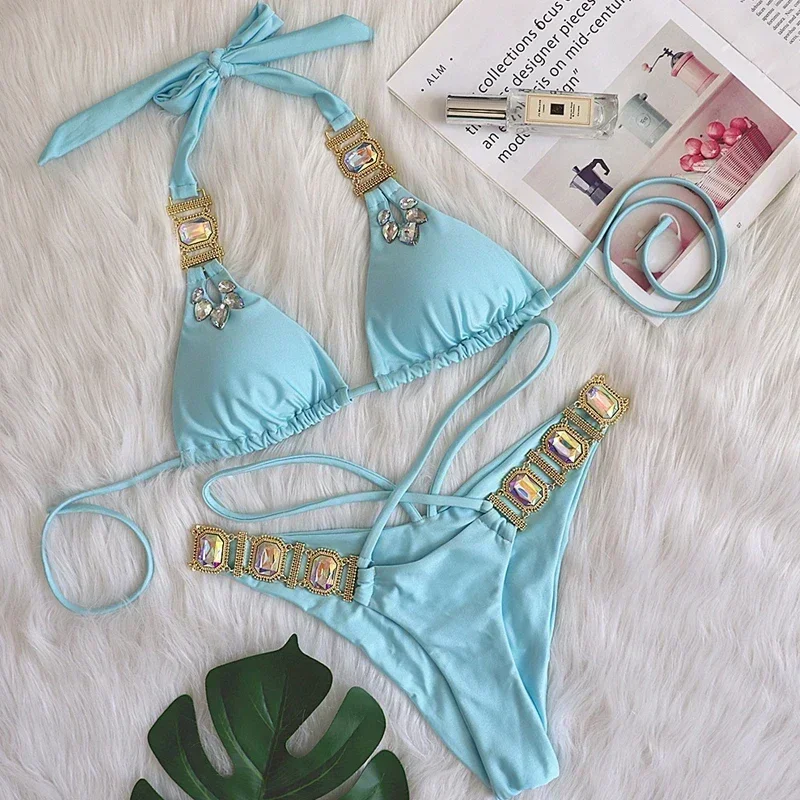 Sexy strass bikini 2025 feminino sólido verde push up glitter diamante 2 peça maiô corrente de metal tanga banho