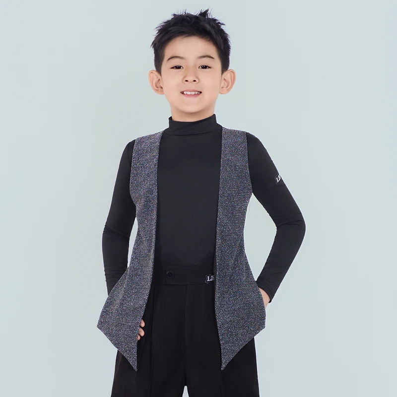

2025 New Latin Dance Practice Clothes For Boys Shiny Sliver Gold Vest Samba Chacha Tango Children Latin Dance Costumes DQS21165
