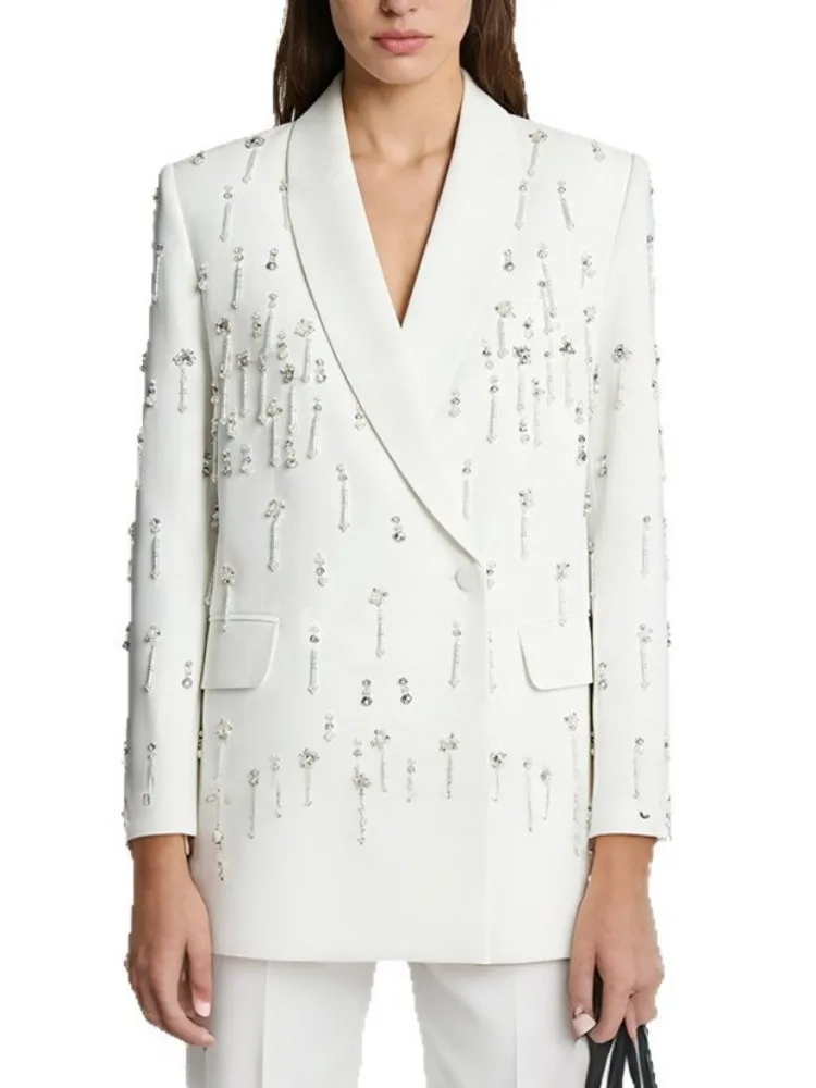 Party Women Suit Jacket Fashion Outerwear Designer Diamonds Beaded Tassel Solid Color Spring Elegant Office Ladies Blazers Tops