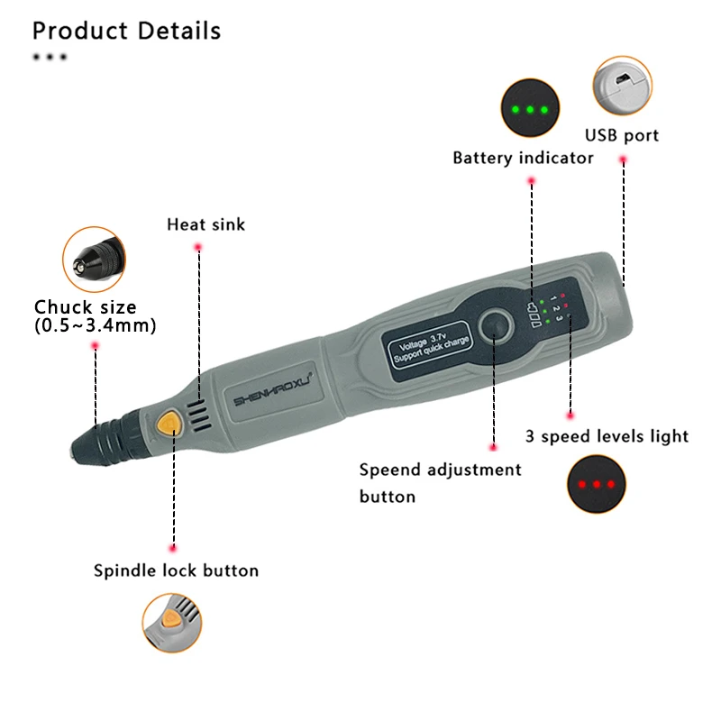 SNENHAOXU Cordless Electric Grinder Rechargeable Removable Battery Woodworking Engraving LED 3 Speed Rotary Tool Mini Engraver