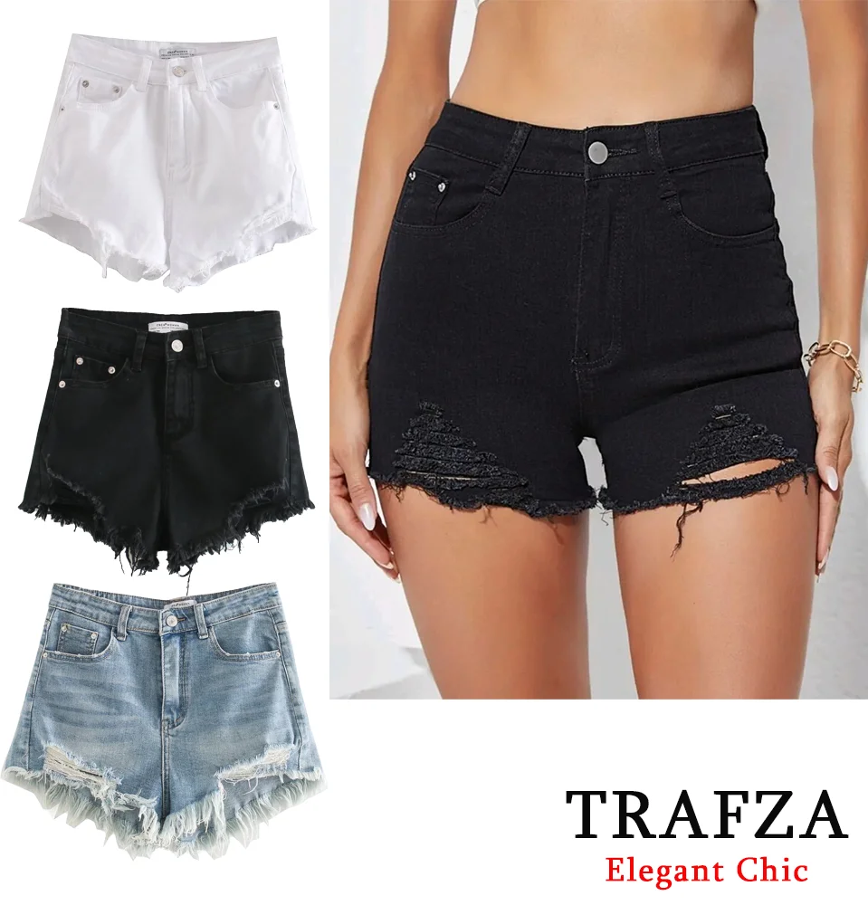 

TRAFZA Casual Sexy High-waisted Denim Shorts Women's Ripped Button Down Shorts New 2024 Summer Fashion Holiday Basic Shorts