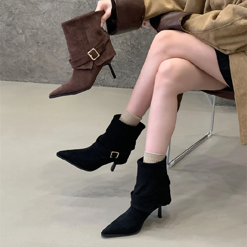 

Aneikeh Autumn Fashion Punk Metal Buckle Pointed Toe Vintage Ankle Boots Sexy Thin Heel Lady Slip on Designer Pleated Party Shoe