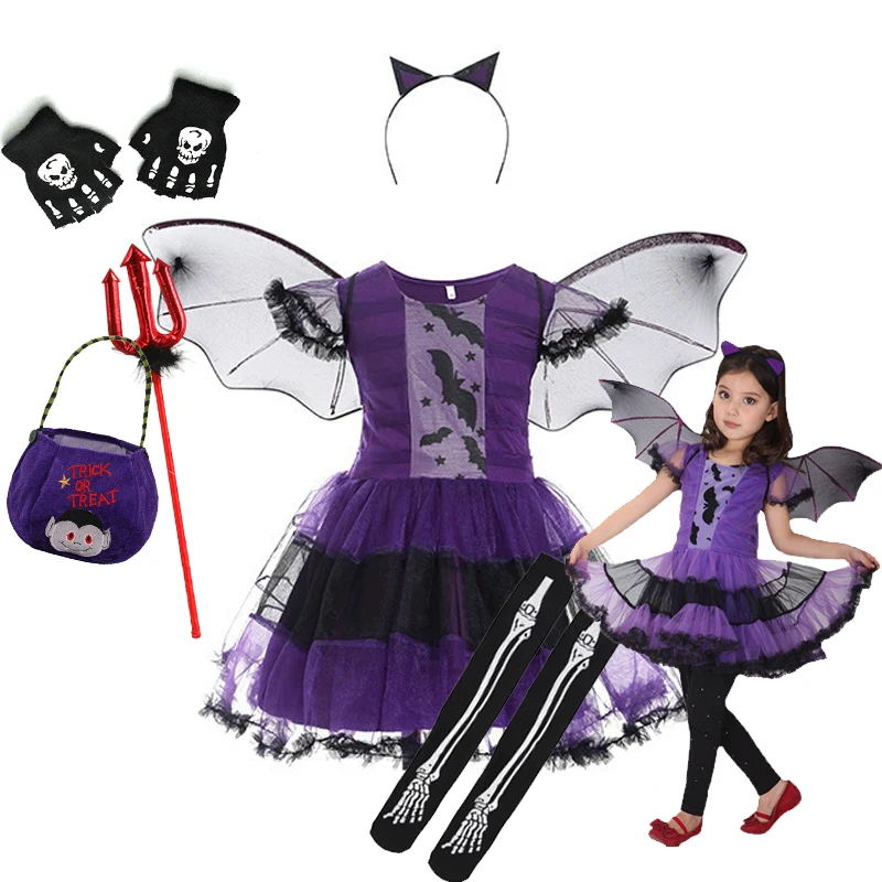 

2025 Halloween Girls Cosplay Vampire Purple Tule Clothes Witch Costume Carnival Party Dress Up Clothes Infant Costume 12Y Outfit
