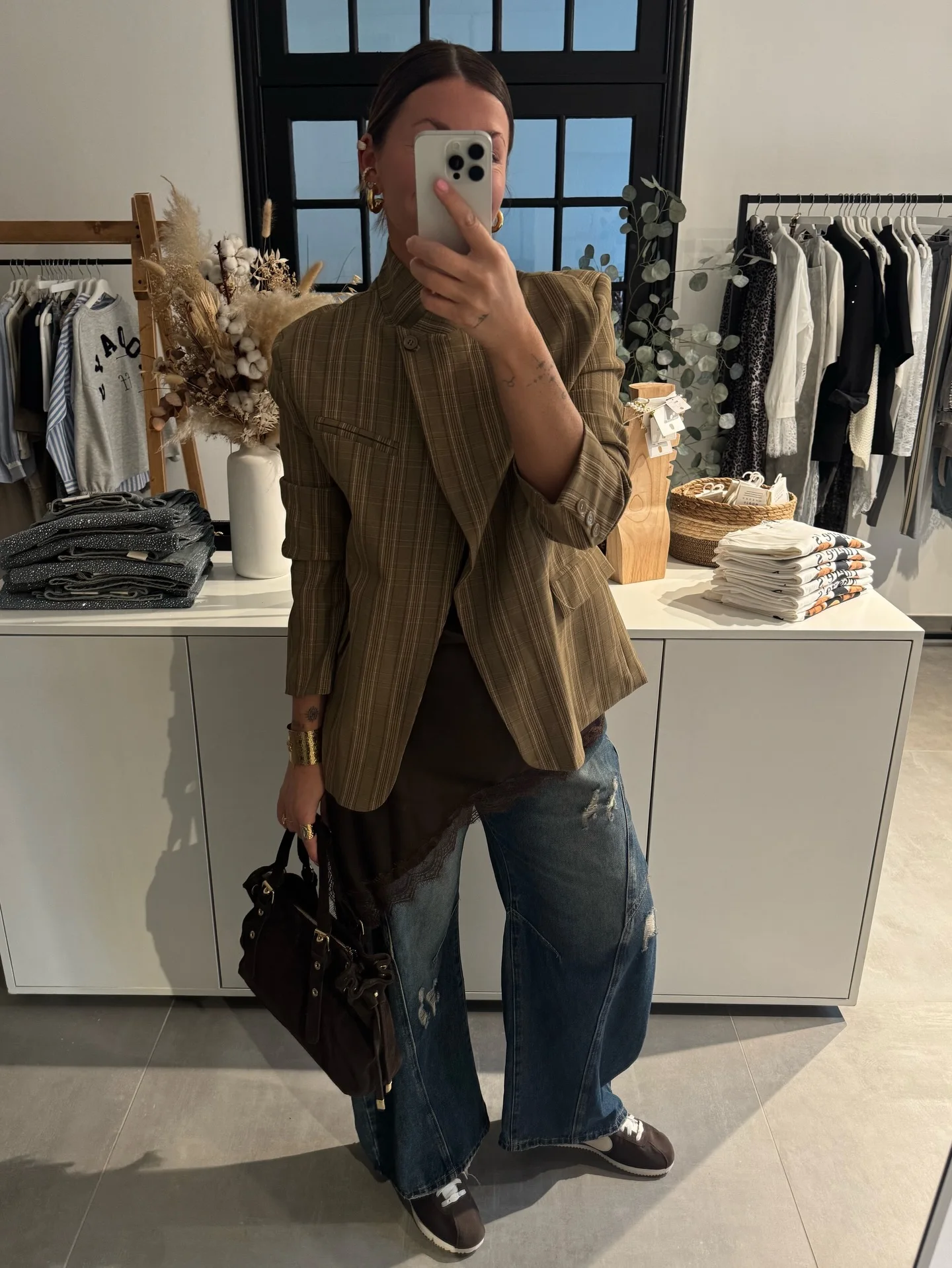 Minimalist Striped Oversized Blazer Asymmetrical Button Khaki Closure Tailored Lapel Collar Structured Coat Urban Fashion Outfit