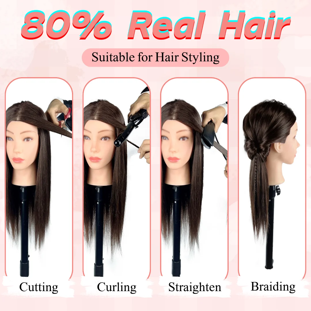 Cabeça de manequim cabelo humano 80% cabelo real cosmetologia manequim prática cabeça de boneca para trança penteado cabeça de corte conjunto