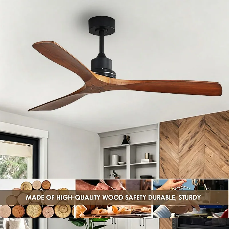 52 Inch Flush Mount Ceiling Fan with 3 Reversible Wood Blades Remote Control Without Light Fan Noiseless DC Motor Electric Fans