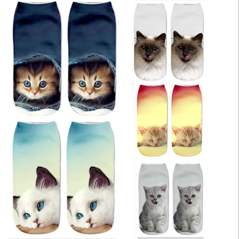 

1Pair Cotton Short Sock Cartoon 3D Printed Cat Animal Boat Socks Harajuku Kawaii Women Girls Anklet Socks Breathable Casual Sox