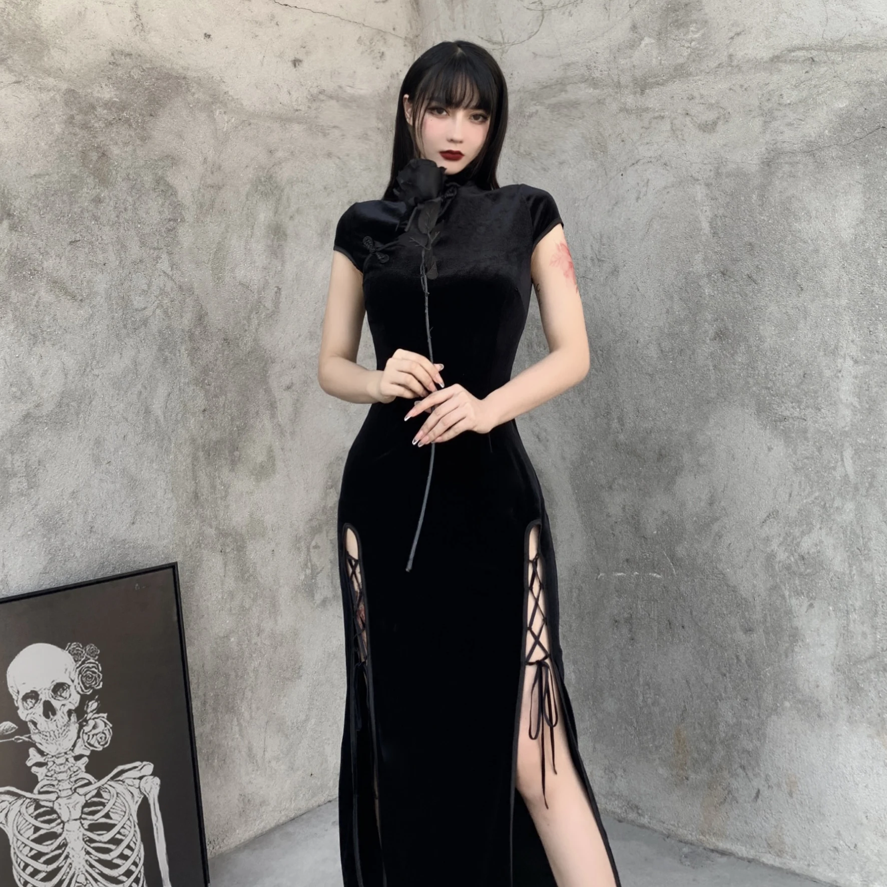 Goth Dark Romantic Gothic Velvet Aesthetic Dresses Vintage Women Black Bandage SlitHem Bodycon Dress Sexy Evening Wear Cheongsam