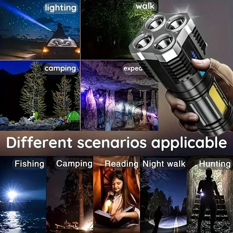 LED Flashlight High Power Camping Torch with 4 Lamp Beads COB Side Light Rechargeable USB Hand Lantern For Outdoor Lighting
