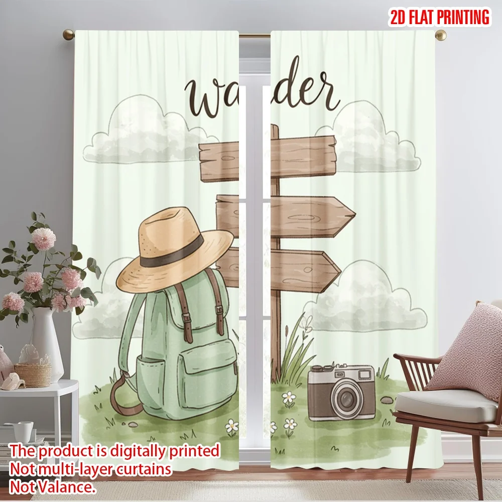 

2pcs 2D flat printing Window Curtains Wanderlust Backpack Camera Signpost Polyester Without Electricity Party Decorations for