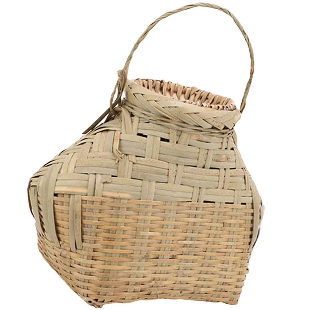 

1pc Ergonomic Handle Portable Bamboo Fish Basket Large Capacity Woven Storage Basket Lid Sturdy Outdoor Fishing Shrimp Container