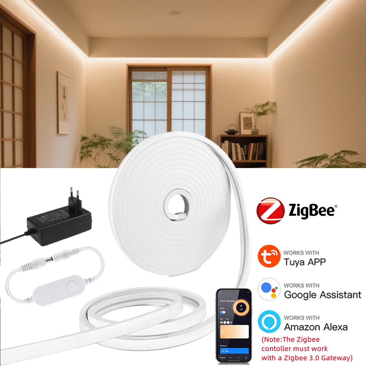 

Tuya Zigbee 24 В неоновая светодиодная лента 1 м-10 м водонепроницаемая умная лампа с регулируемой яркостью HomeDecor приложение голосовое управление для Alexa Home Assistant Google