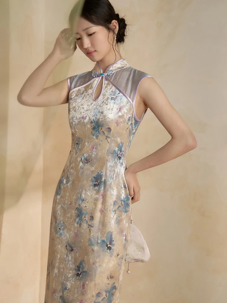 

Ele Original Chinese Sle Svel Long Qipao Dr with Floral Eming And Velvet Splicing Breathable Summer Gown