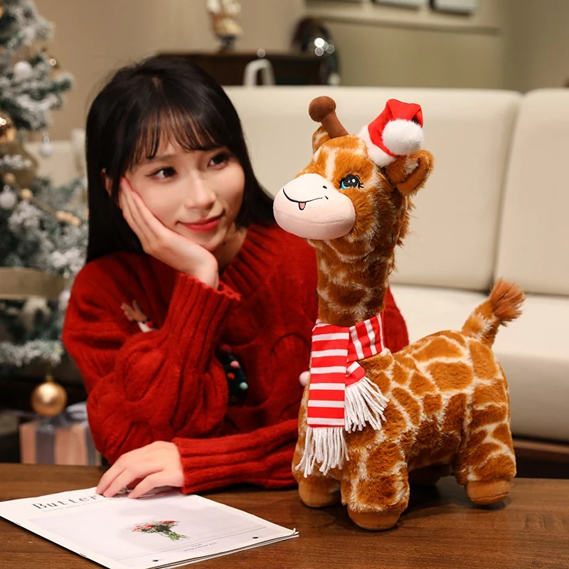 

Happy Festive Christmas Giraffe Plush Toys Lovely Red Scarf Elk Doll Kawaii Desktop Companion Pretty Kids Xmas Gift