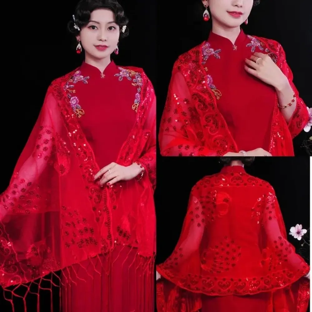 Fashion Sequins Elegant Wedding Shawl Lace Hollow Floral Breathable Tulle Sheer Scarf Embroidered Lace Lace Shawl for Women