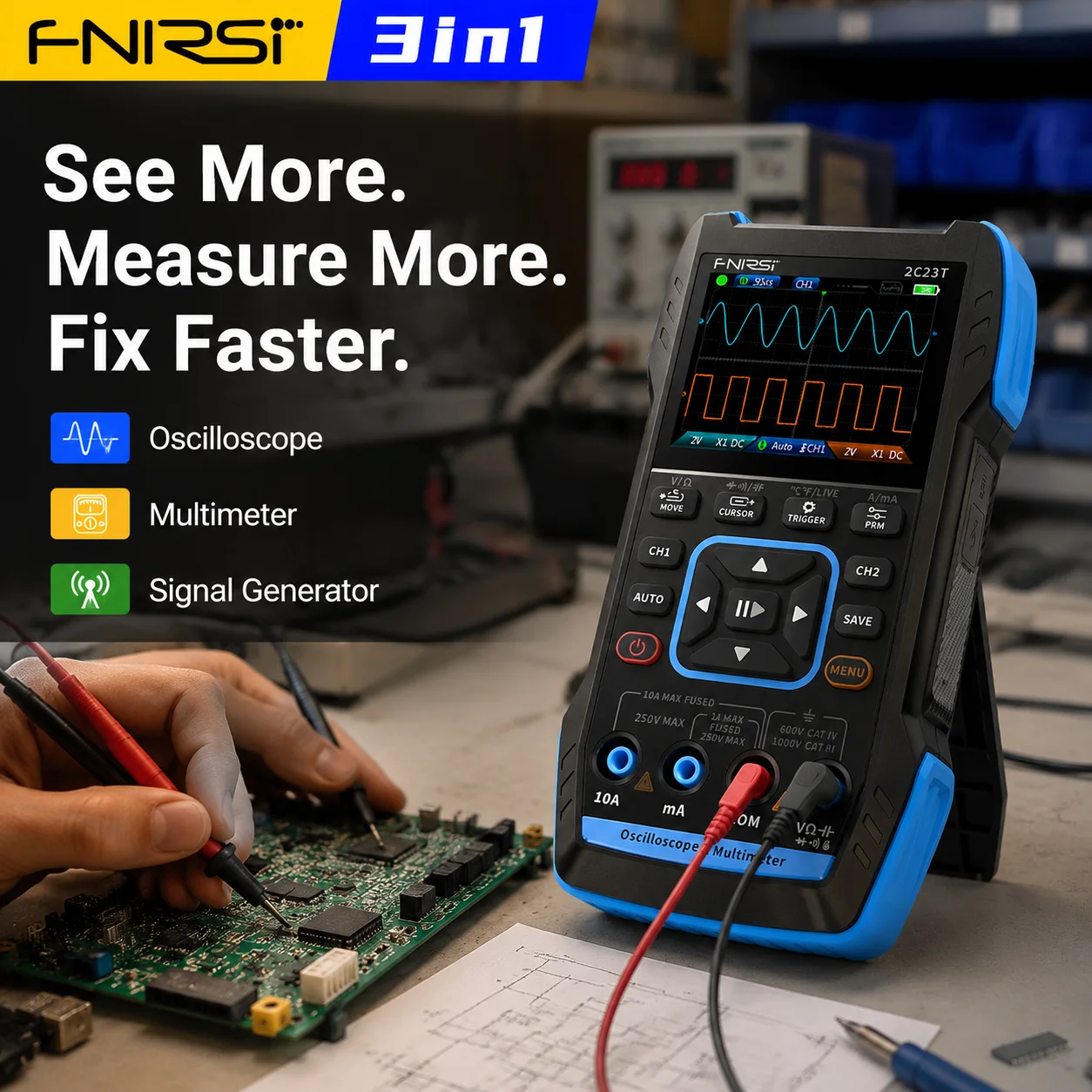 FNIRSI 3-in-1 Digital Oscilloscope Multimeter Signal Generator Dual Channel 10MHz 50MS/s Auto Electronic Repair Diagnostic Tool