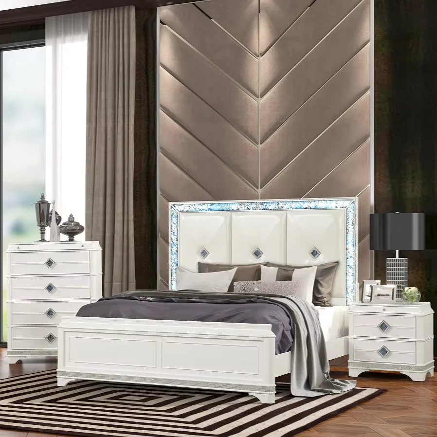 #Luxury 5-Piece Queen Bedroom Set With Wood  Adjustable Height Dresser Storage