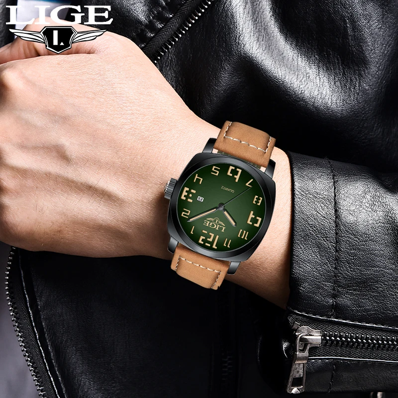 LIGE Simple Fashion Quartz Man Watch Outdoor Casual Sport Luxury Special Leather Belt Waterproof Auto Date Retro Man Watch Clock