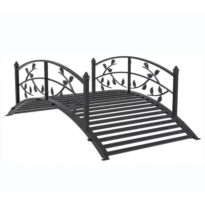 4 Ft Black Leaf Design Garden Metal Arch Bridge Backyard Iron Bridge Footbridge with Security Guardrail Backyard Decor