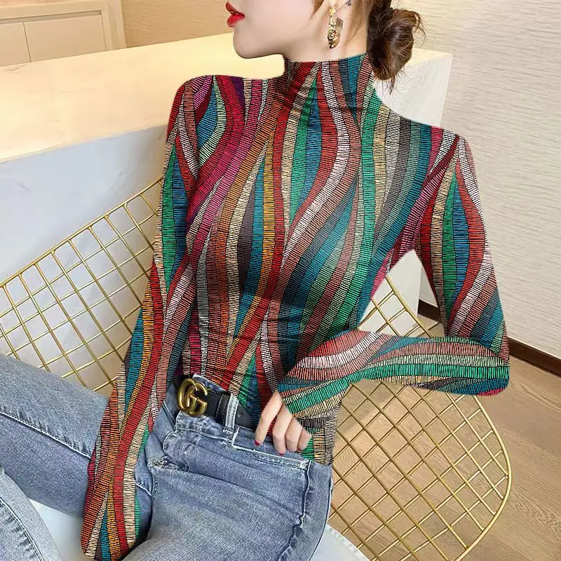 Women\'s Pullover Half High Neck Striped Bottom Shirt 2023 Autumn and Winter New Vintage Printing Long Sleeve T-shirt Slim Tops