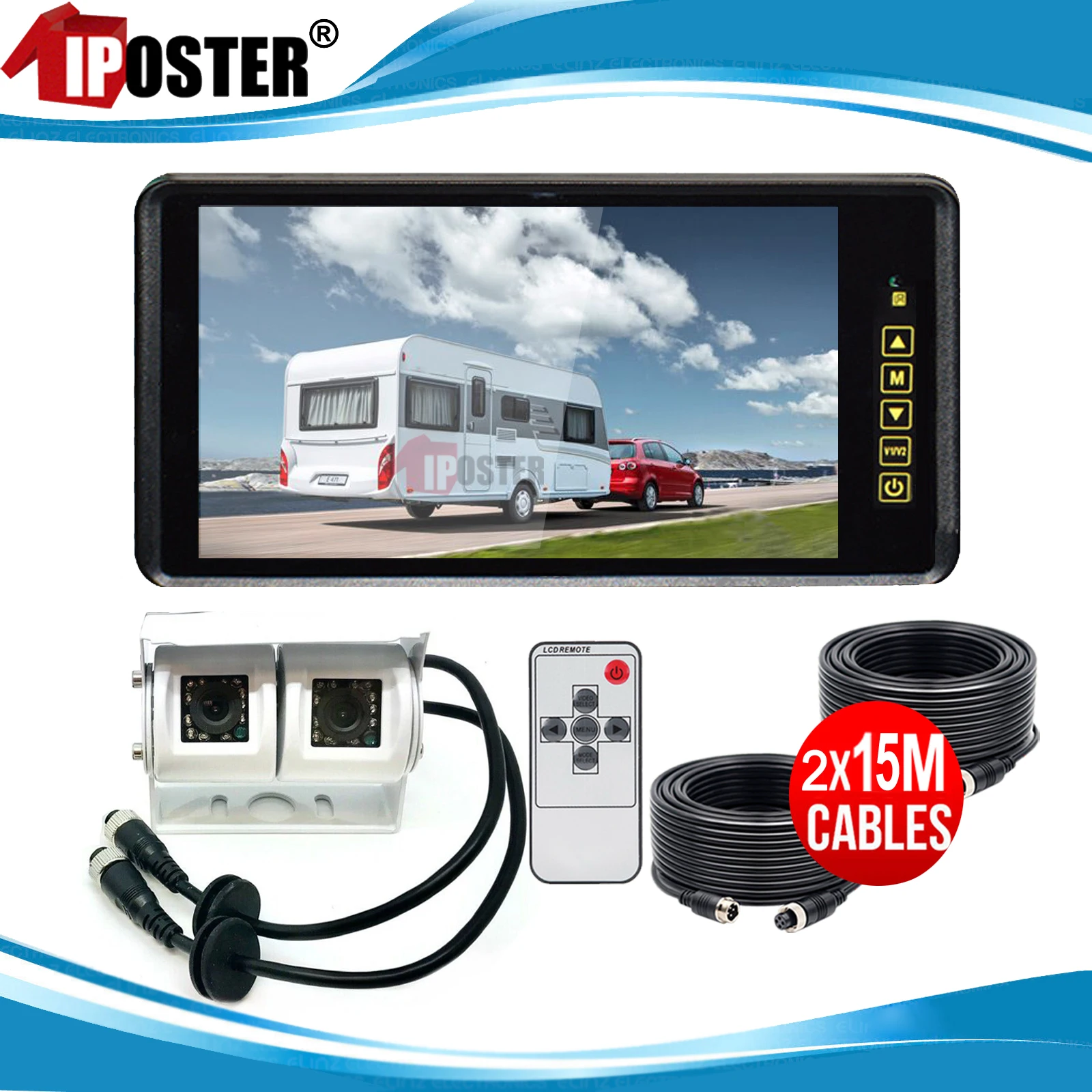 iPoster 9 Inch TFT LCD Screen Rear View Mirror Monitor Dual Head Joint Reversing Cameras 24 IR LEDs Waterproof HD For Caravan Rv