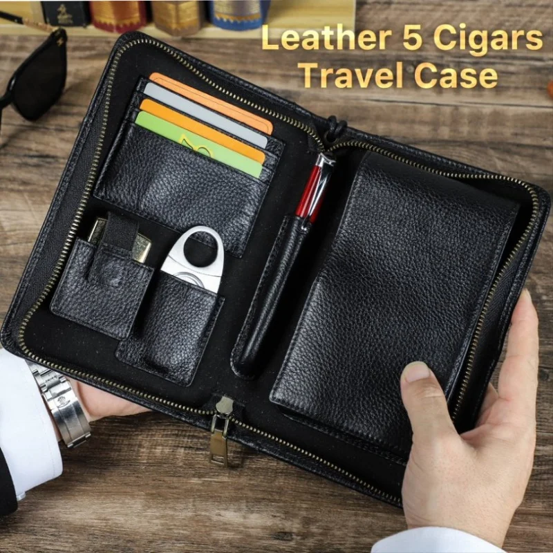 

Vintage Multifunctional Cigar Travel Case - Leather Storage Bag with Accessory Holder, Portable Wrist Design, Ideal Men’s Gift