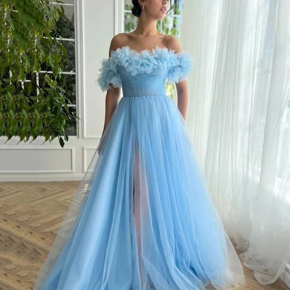 

Romantic Prom Gowns A Line Off The Shoulder Homecoming Dress Flower Tulle With Split Party Dresses New Arrival فساتين سهرة