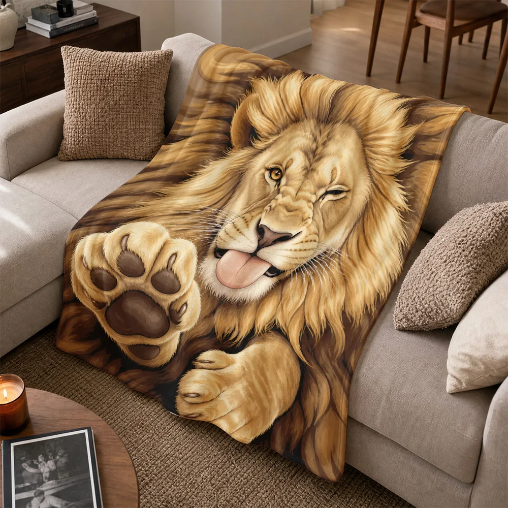Luxurious Realistic Lion Head Throw Blanket for Sofa Couch Decor Plush Jungle Animal King Theme Cozy Winter Autumn Home Accessor