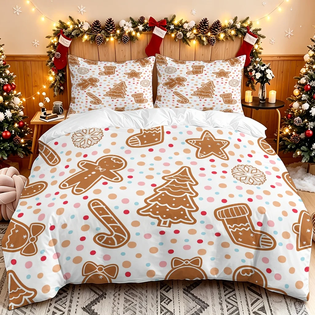 Soft Duvet Cover Set of Three, 2D Flat Printed Duvet Cover Set, Duvet Cover Bedding, Gingerbread Man Bedspread, Machine Washable, Invisible Zipper, Large Duvet Cover Set, Bedding Set, Quilt Cover