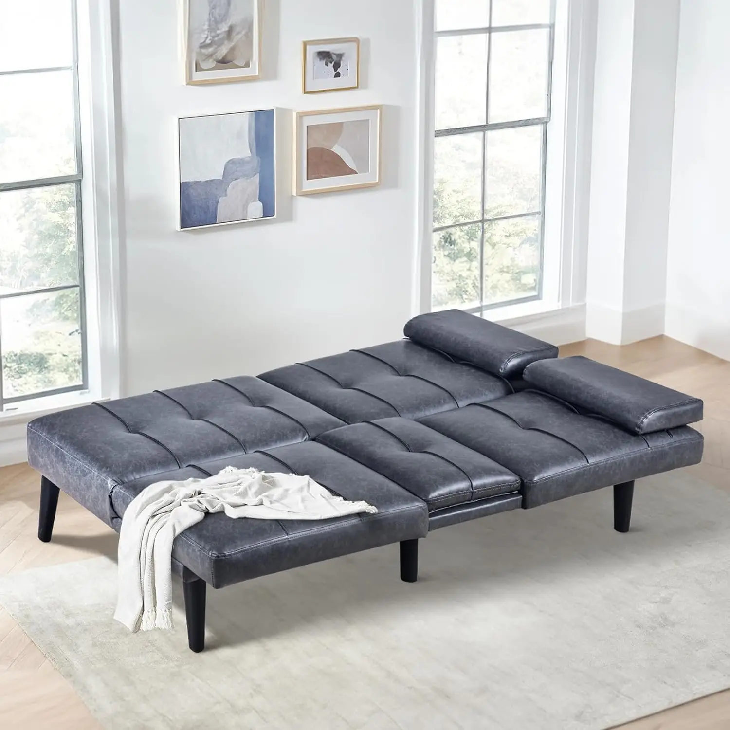 Futon Sofa Bed-Leather Small Futon Couch, Futon Lounge Sofa, Convertible with Cup Holder, Removable Armrest, Adjust