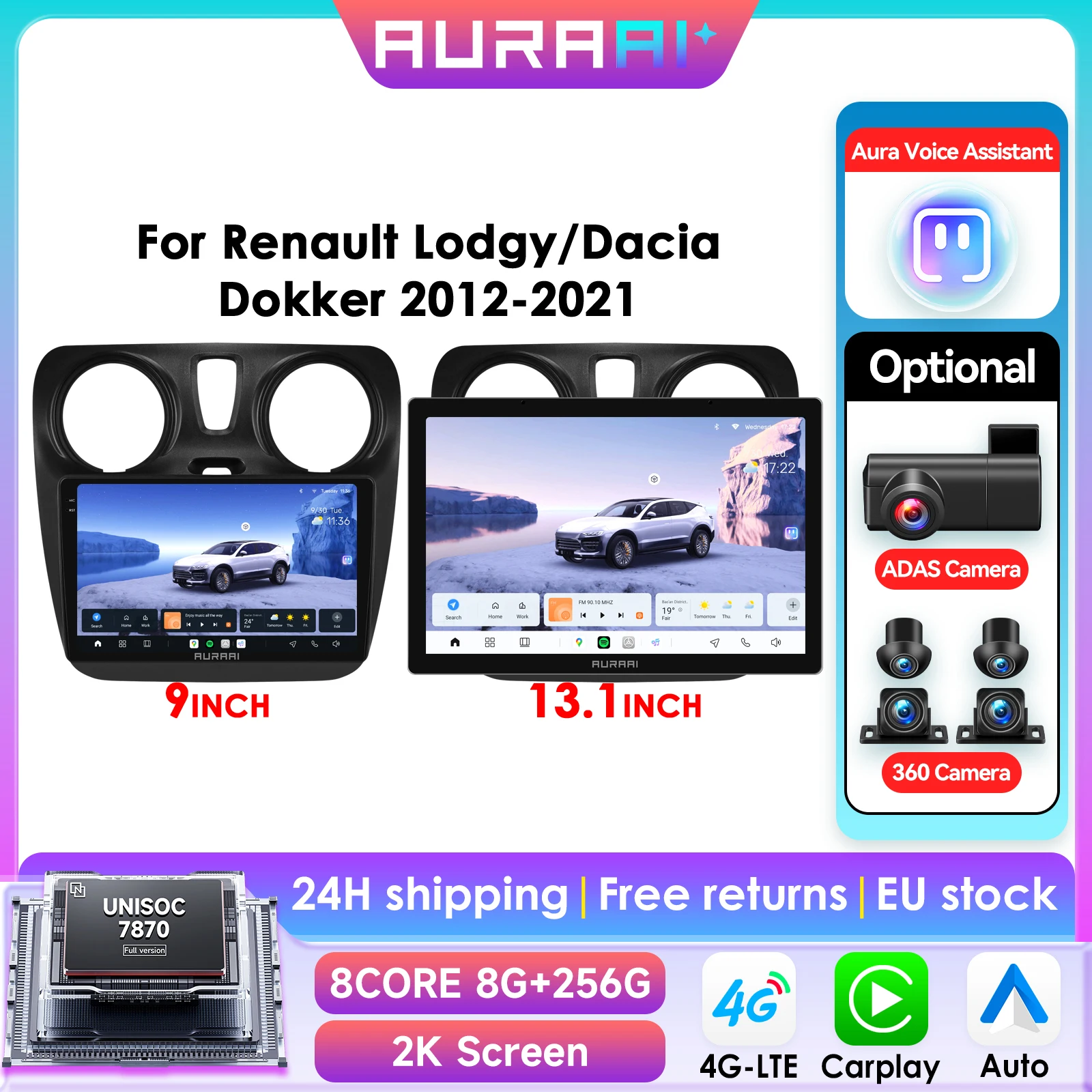 8G 256G AI 2K Bildschirm für Renault Lodgy Dacia Dokker 2012-2021 Autoradio mit kabellosem CarPlay, Android Auto, 4G, GPS, BT, DSD, ADAS, Dual-Mikrofon, 360°-Kamera