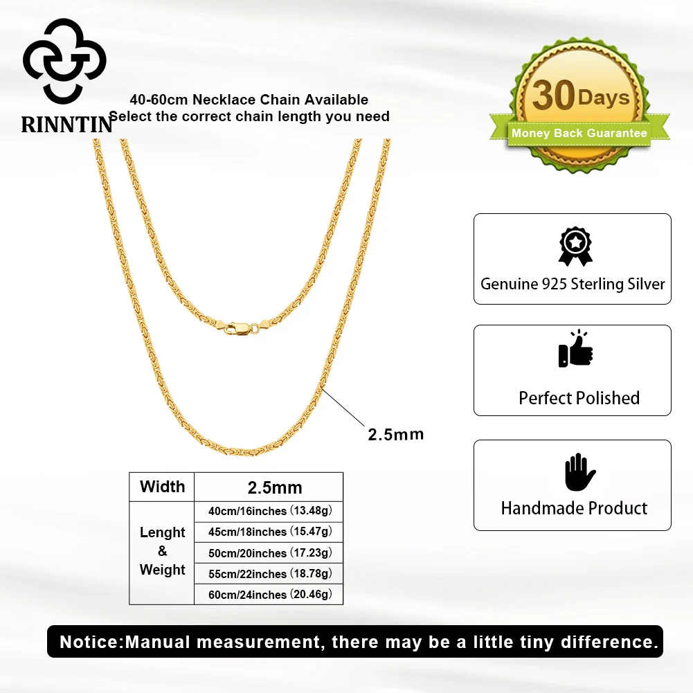 Rinntin 925 Sterling Silver Italian 2.5mm Flat Byzantine Link Chain Necklace for Women Vintage Silver Dainty Jewelry SC79