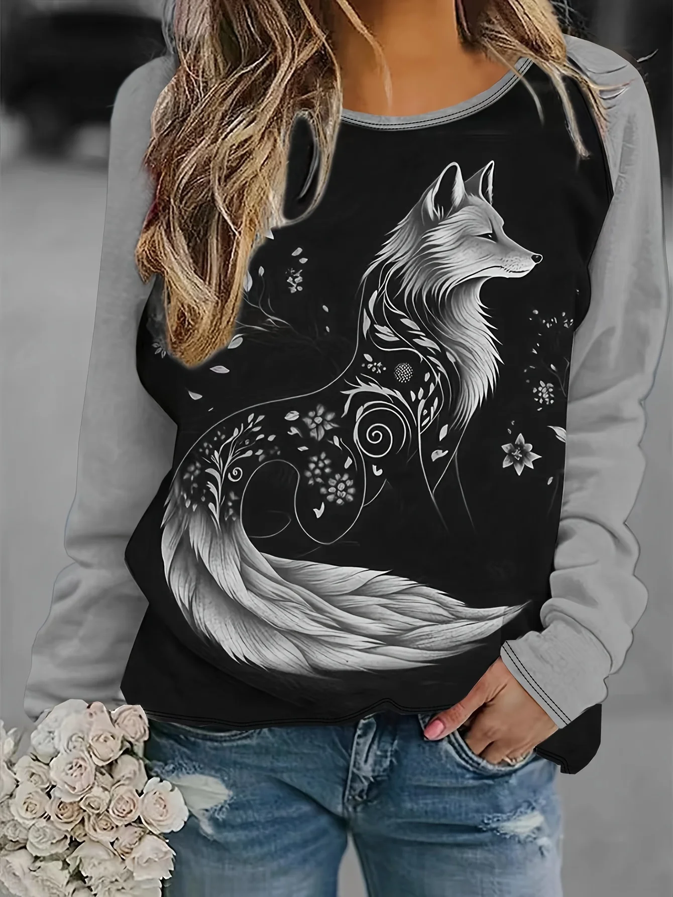 Women\'s 2024 sleeves stitching fox print round neck long sleeve party autumn casual pullover 3d printing casual fashion tops