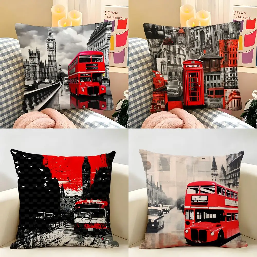 London Red Bus Print Cushion Cover Natural Linen Organic Fabric Double-Sided Printing Room Sofa Decor Pillow Case