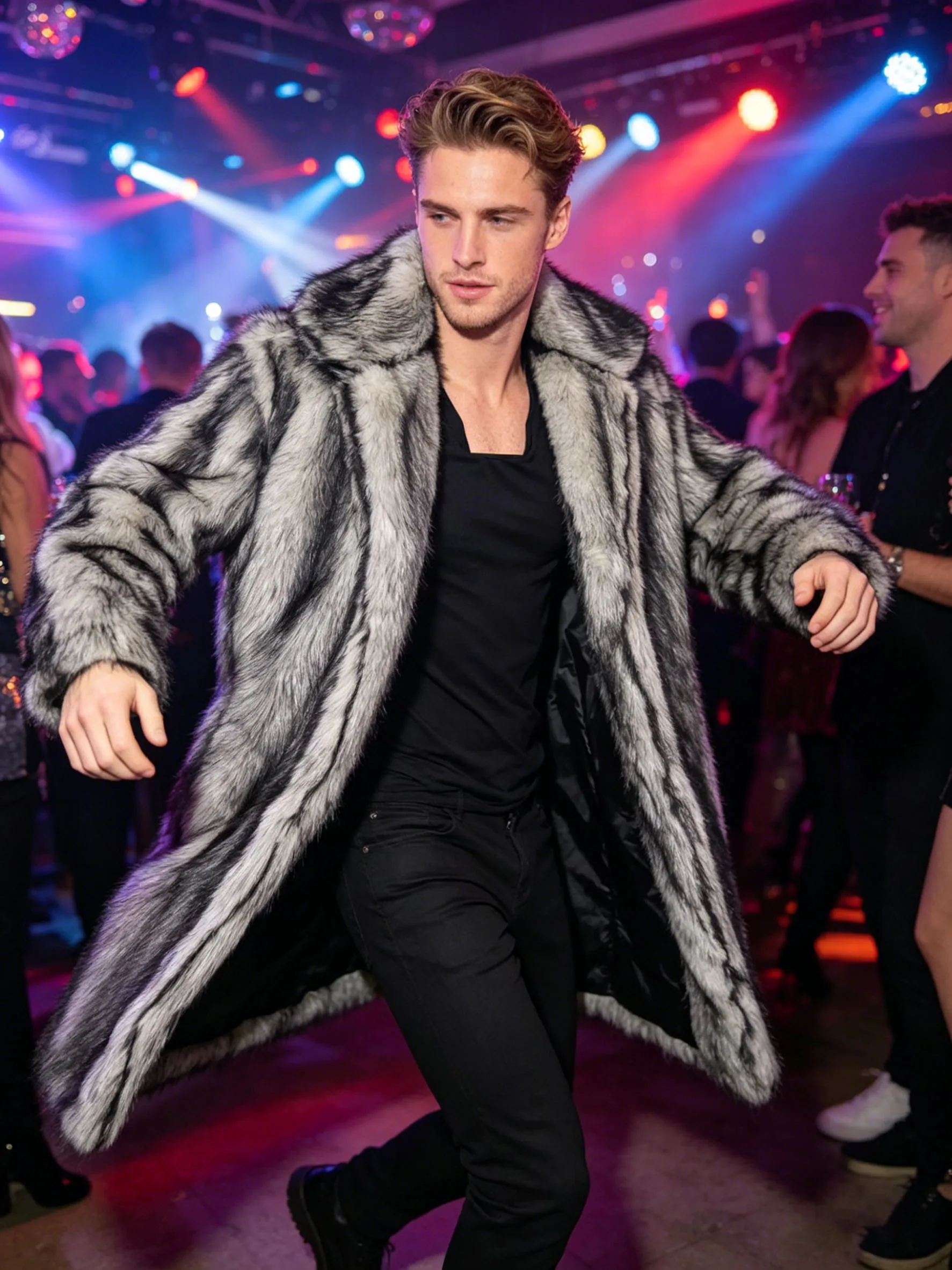 Men's Silvery Faux Fur Long Coat with Classic Lapel, Warm Soft Comfortable Plush Jacket, Fashion Outwear
