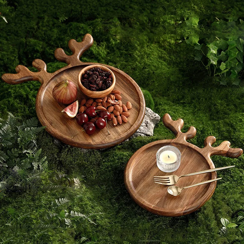 Christmas deer wooden tray, elk wooden fruit snack, dried fruit dinner plate, simple texture and holiday decoration