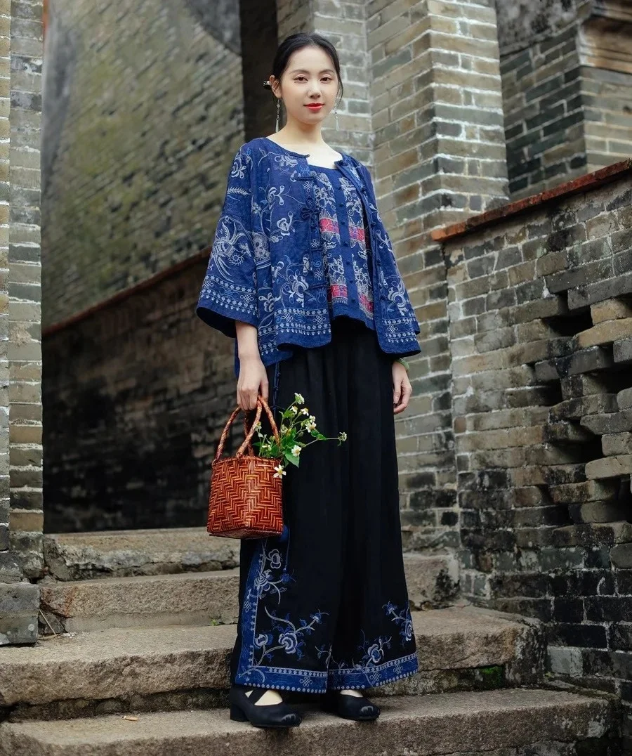 جديد أسود الجاكار المرأة السراويل النمط الصيني المطرزة مرونة الخصر تنورة التفاصيل خمر فضفاض واسعة الساق الكتان بنطلون