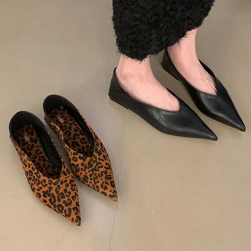 2024 Autumn Shallow Fashion Flats Shoes Women Ballerina Shallow Lightweight Pointed Toe Solid Casual Loafers Leopard Print Mujer