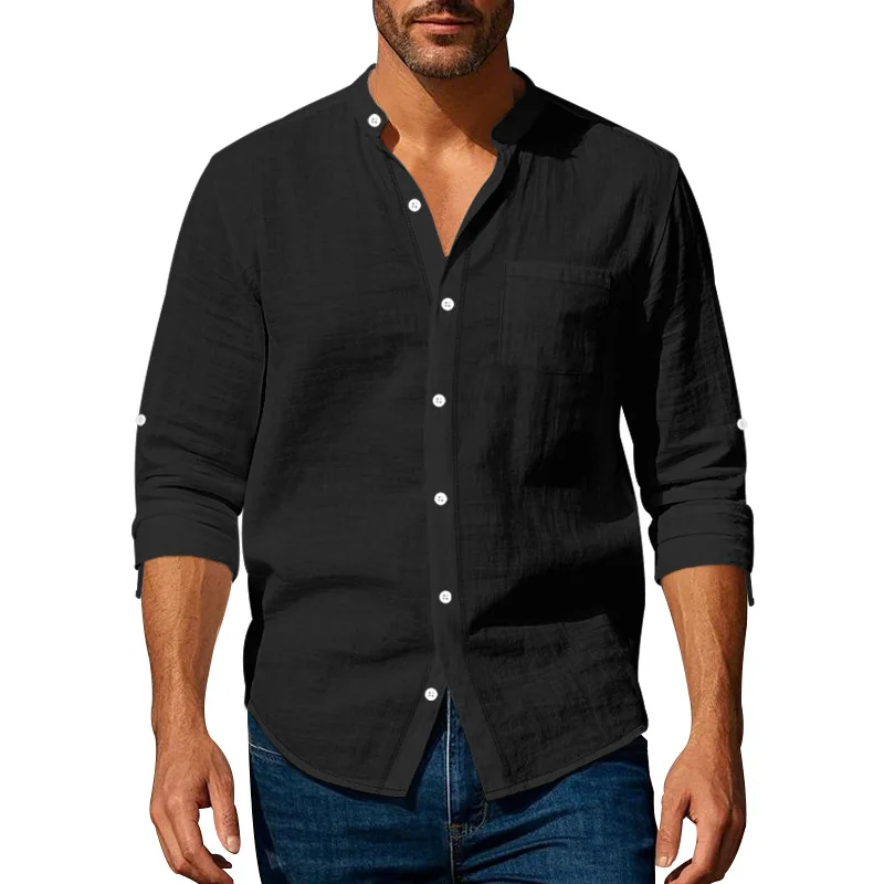 New Men's Casual Linen Solid Color Henley Neck Shirt Spring Lightweight Breathable Slim Fit Single Breasted Long Sleeve Shirt