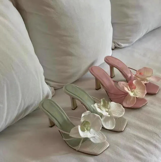 Fresh Orchids Flower Embellished Sandals Sexy Kitten Heels Clip Toe Slipper Women Light Green Pink Red Flower Slingbacks Shoes